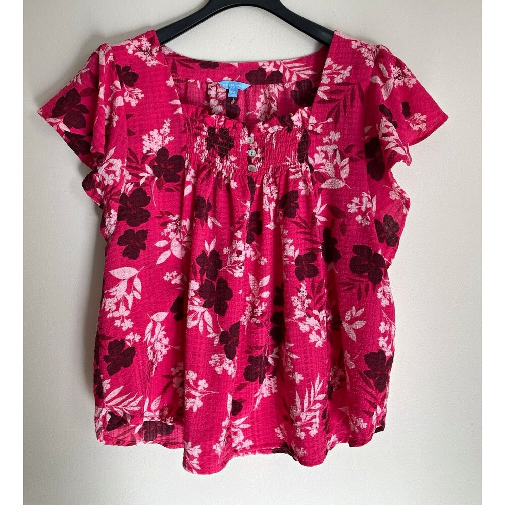 Draper James Floral Smocked Square Neck Short Sleeve Blouse Pink XXL